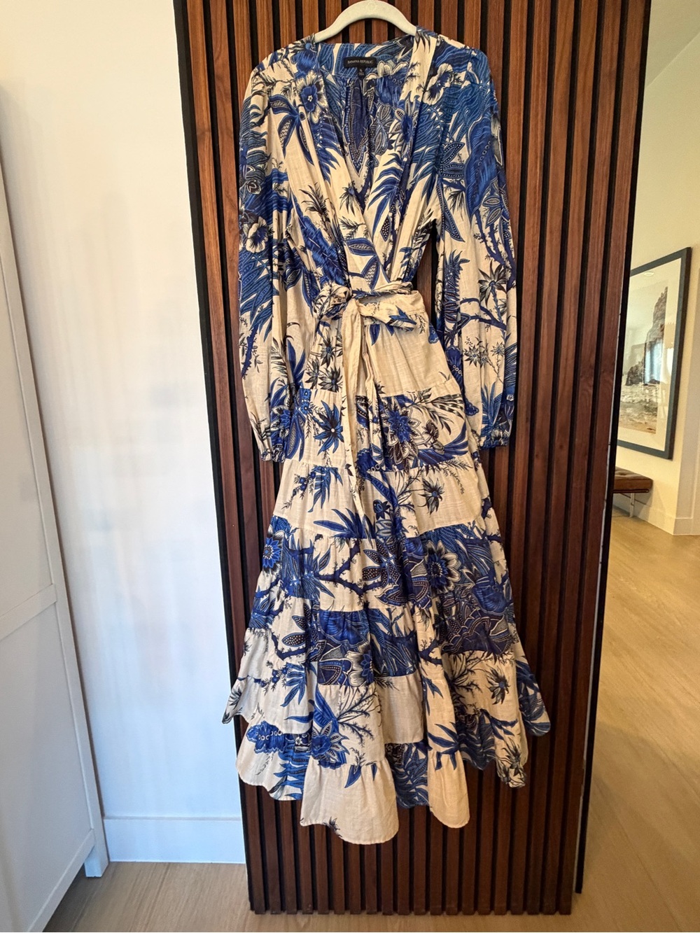 Banana Republic Cream and Blue Floral Wrap Maxi Dress with Tie Waist